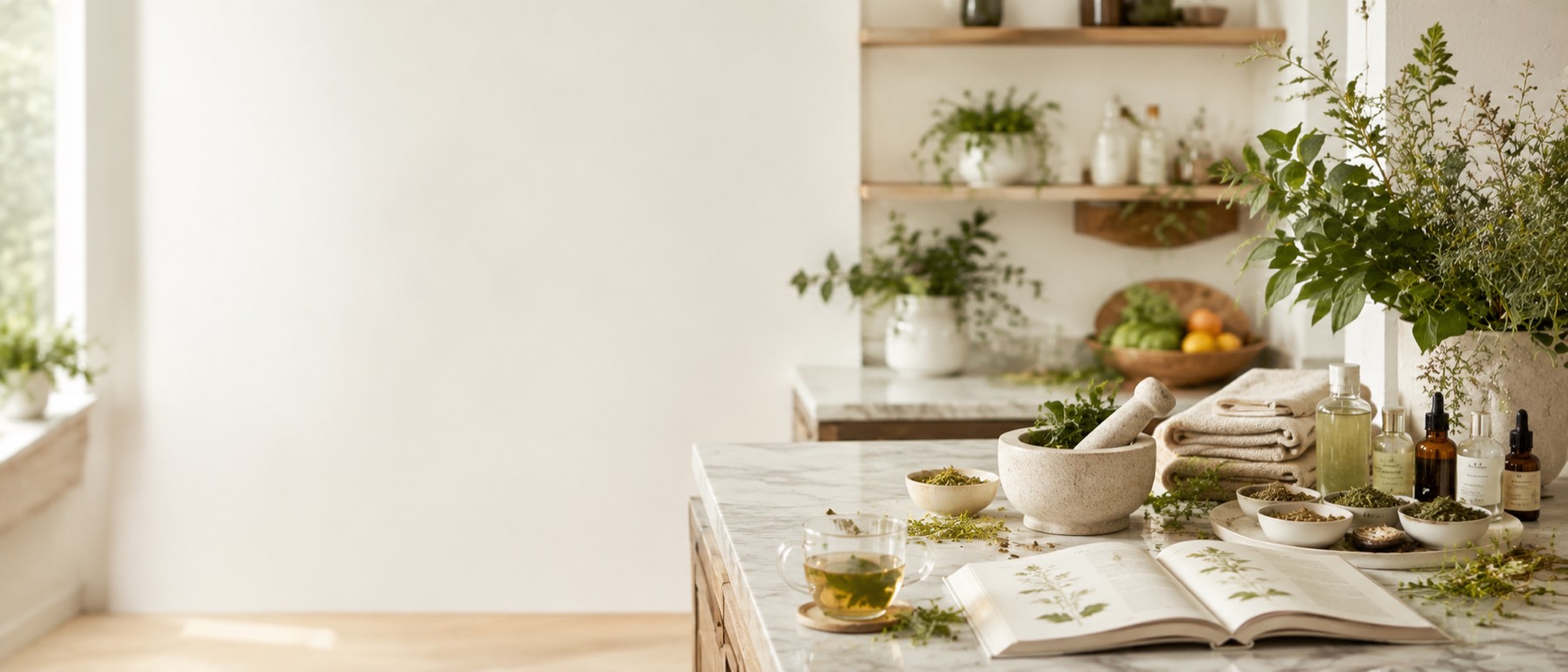 A serene kitchen with fresh herbs, a mortar and pestle, herbal tea, and botanical oils
