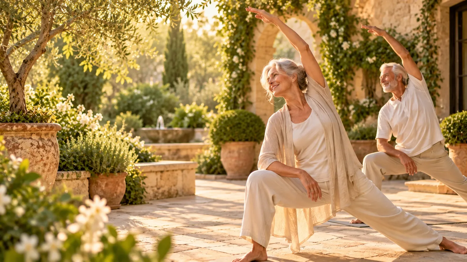 Active senior couple doing a gentle side-stretch yoga pose together in a sunlit garden courtyard
