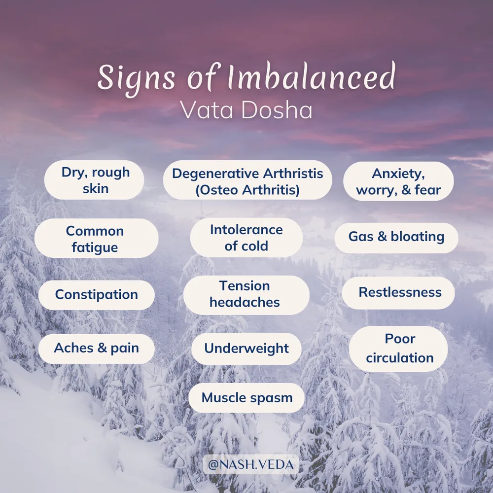 Signs of imbalanced vata dosha: dry rough skin, degenerative osteoarthritis, anxiety and worry, common fatigue, intolerance of cold, gas and bloating, constipation, tension headaches, restlessness, aches and pain, underweight, poor circulation, and muscle spasm