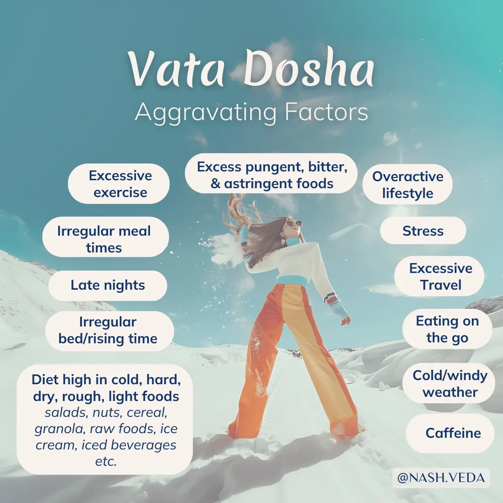 Vata dosha aggravating factors: excessive exercise, irregular meal times, late nights, irregular bed and rising times, a diet high in cold, hard, dry, rough, light foods, excess pungent, bitter and astringent foods, overactive lifestyle, stress, excessive travel, eating on the go, cold windy weather, and caffeine